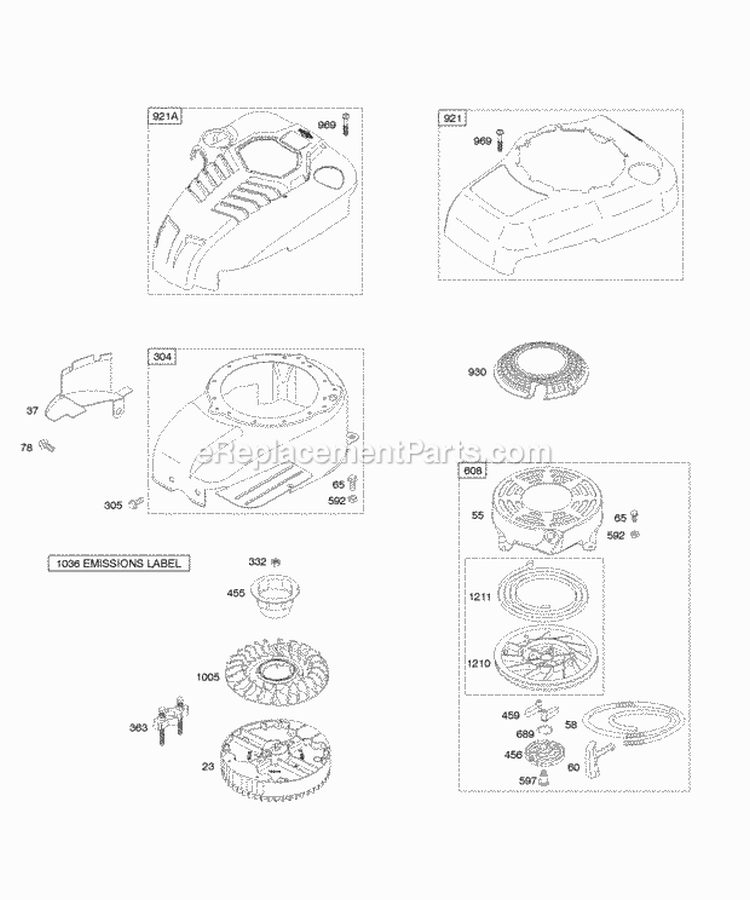 Blower HousingShrouds Flywheel Rewind Starter Diagram and Parts List for 129602-0113-B1  Briggs and Stratton Engine